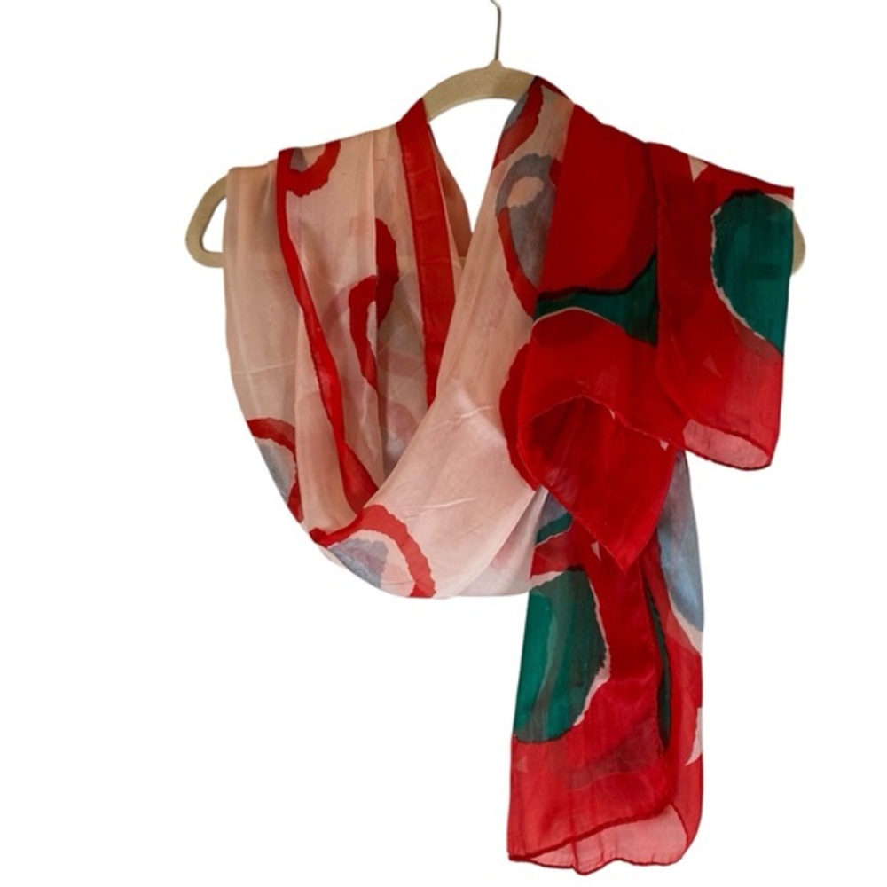 SILK SCARF Red Teal Abstract‎ Design